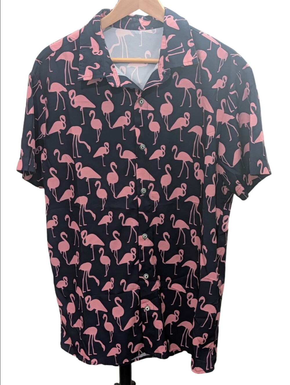 ​Men's NWOT Black & Pink Flamingo Tropical Button-Down Camp Shirt Large